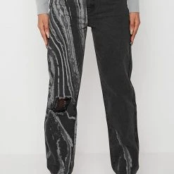 Woman Denim Marble Print Mom Jeans - Washed Black