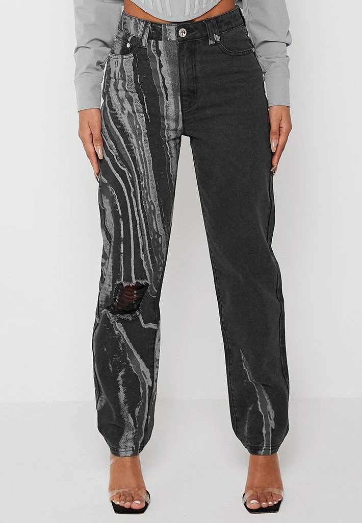 Woman Denim Marble Print Mom Jeans - Washed Black