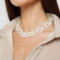 Woman Jewellery Marble And Frosted Cuban Link Necklace - Beige