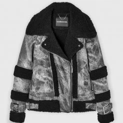 Woman Jackets Marbled Vegan Leather Borg Biker Jacket - Black