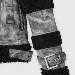 Woman Jackets Marbled Vegan Leather Borg Biker Jacket - Black