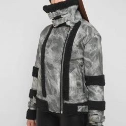Woman Jackets Marbled Vegan Leather Borg Biker Jacket - Black