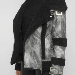 Woman Jackets Marbled Vegan Leather Borg Biker Jacket - Black