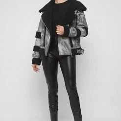 Woman Jackets Marbled Vegan Leather Borg Biker Jacket - Black
