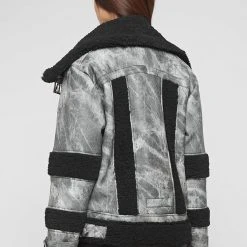 Woman Jackets Marbled Vegan Leather Borg Biker Jacket - Black