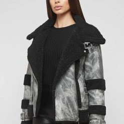 Woman Jackets Marbled Vegan Leather Borg Biker Jacket - Black