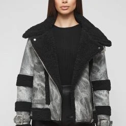 Woman Jackets Marbled Vegan Leather Borg Biker Jacket - Black