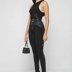 Woman Leggings Matte Vegan Leather Bandage Leggings - Black