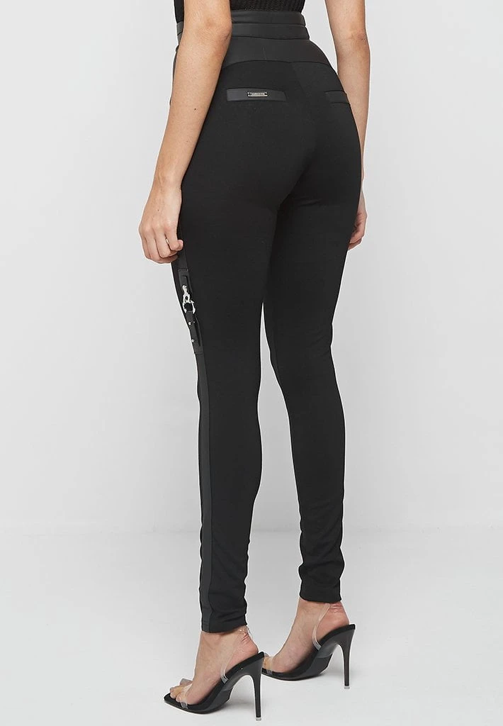 Woman Leggings Matte Vegan Leather Bandage Leggings - Black