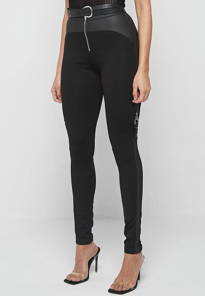 Woman Leggings Matte Vegan Leather Bandage Leggings - Black