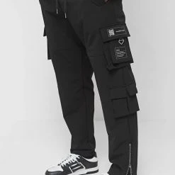 Man Casual Trousers Stamp Print Cargo Pants - Black