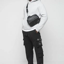 Man Casual Trousers Stamp Print Cargo Pants - Black