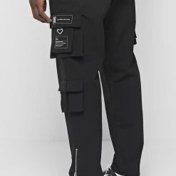 Man Casual Trousers Stamp Print Cargo Pants - Black