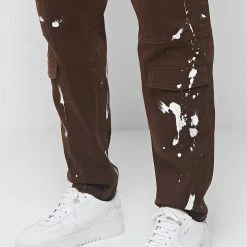 Man Casual Trousers Paint Splatter Cargo Pants - Brown