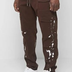 Man Casual Trousers Paint Splatter Cargo Pants - Brown