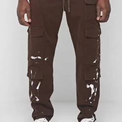 Man Casual Trousers Paint Splatter Cargo Pants - Brown