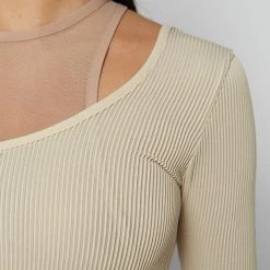 Woman Tops Mesh Overlay Bodysuit - Beige