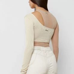 Woman Tops Mesh Overlay Bodysuit - Beige