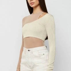 Woman Tops Mesh Overlay Bodysuit - Beige