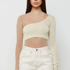 Woman Tops Mesh Overlay Bodysuit - Beige
