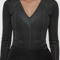 Woman Tops Mesh Blazer Bodysuit - Black BODYSUITS