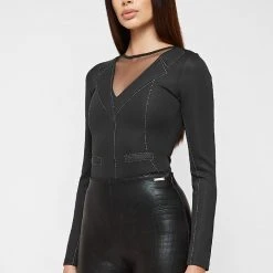 Woman Tops Mesh Blazer Bodysuit - Black BODYSUITS