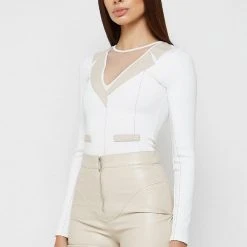 Woman Tops Mesh Blazer Bodysuit - White