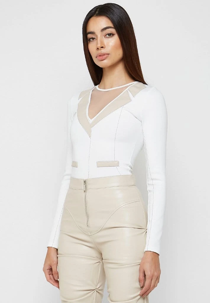 Woman Tops Mesh Blazer Bodysuit - White