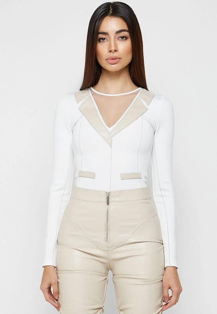 Woman Tops Mesh Blazer Bodysuit - White