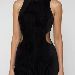 Woman Dresses Mesh Cut Out Ribbed Velour Dress - Black