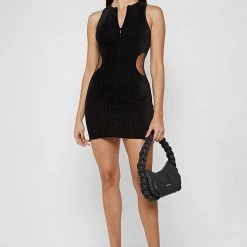 Woman Dresses Mesh Cut Out Ribbed Velour Dress - Black
