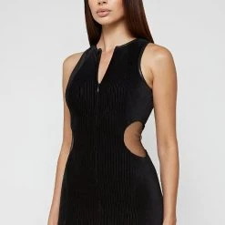 Woman Dresses Mesh Cut Out Ribbed Velour Dress - Black