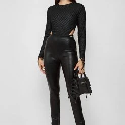 Woman Tops BODYSUITS Mesh High Leg Bodysuit - Black