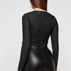 Woman Tops BODYSUITS Mesh High Leg Bodysuit - Black