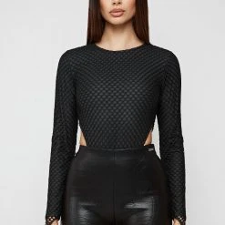 Woman Tops BODYSUITS Mesh High Leg Bodysuit - Black