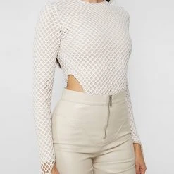 Woman Tops BODYSUITS Mesh High Leg Bodysuit - White