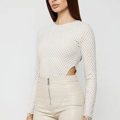 Woman Tops BODYSUITS Mesh High Leg Bodysuit - White