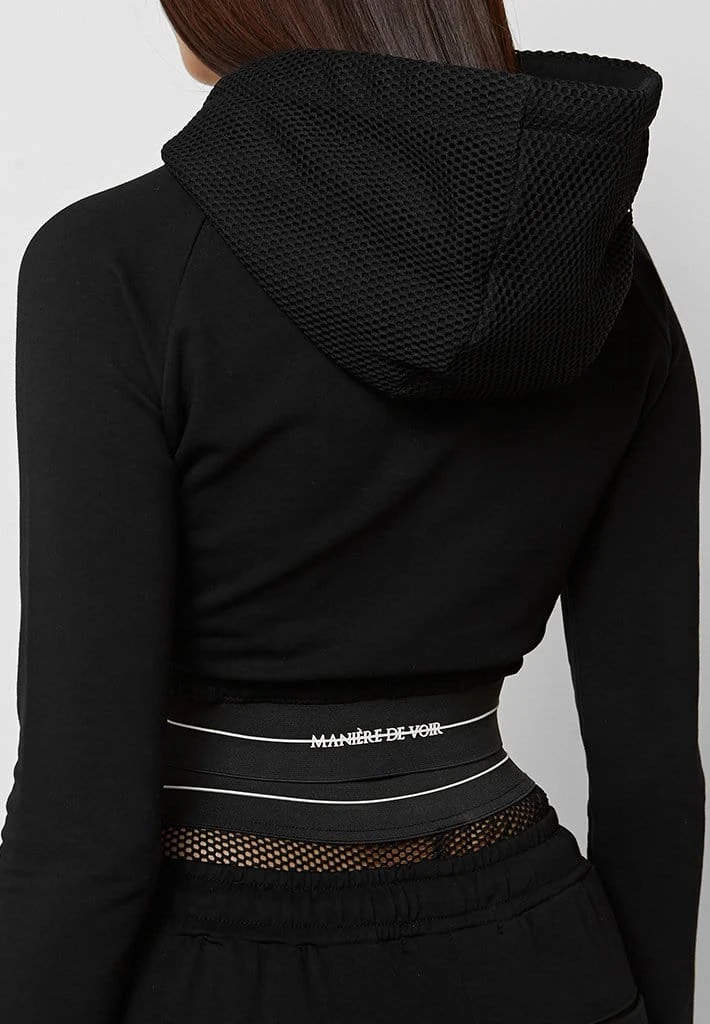 Woman Tracksuits Mesh Hood Banded Hoodie - Black