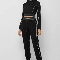 Woman Tracksuits Mesh Hood Banded Hoodie - Black