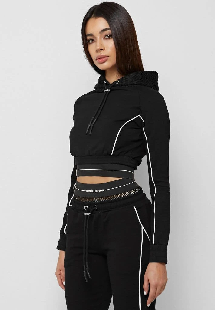 Woman Tracksuits Mesh Hood Banded Hoodie - Black