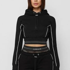 Woman Tracksuits Mesh Hood Banded Hoodie - Black