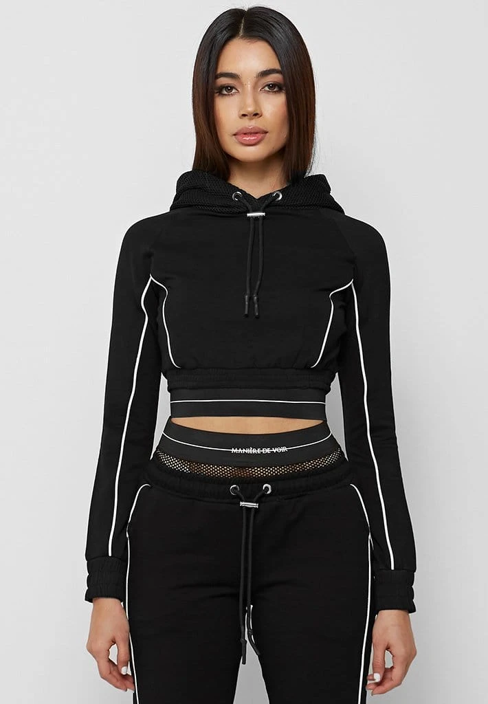 Woman Tracksuits Mesh Hood Banded Hoodie - Black