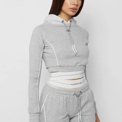 Woman Tracksuits Mesh Hood Banded Hoodie - Grey