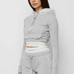 Woman Tracksuits Mesh Hood Banded Hoodie - Grey
