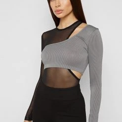 Woman Tops Mesh Overlay Bodysuit - Black/Grey