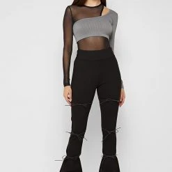 Woman Tops Mesh Overlay Bodysuit - Black/Grey