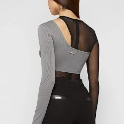 Woman Tops Mesh Overlay Bodysuit - Black/Grey