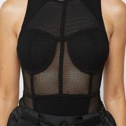 Woman Tops Mesh Racer Neck Bodysuit - Black