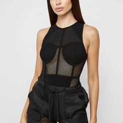 Woman Tops Mesh Racer Neck Bodysuit - Black