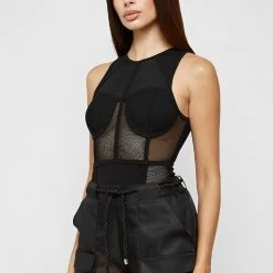 Woman Tops Mesh Racer Neck Bodysuit - Black